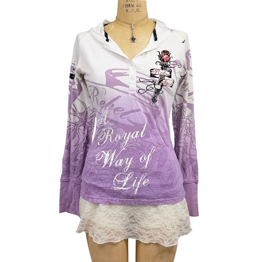 Y2K McBling Rebel Spirit Graphic Hoodie Henley Skull Rose Grunge Streetwear L